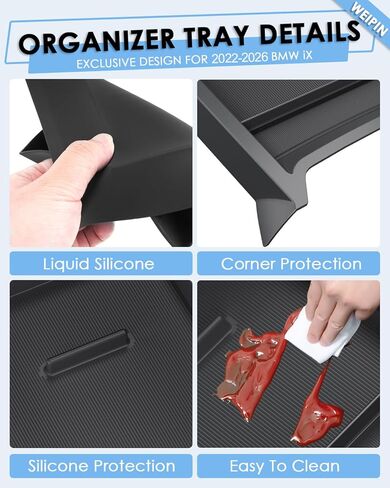 For BMW iX Lower Console Tray - Compatible with 2022-2026 BMW iX Center Console Organizer[Car Food Tray] [2-Compartment][2026 Patented Design] with Anti-Slip Thick Liquid Silicone Mat - Black in Saudi Arabia