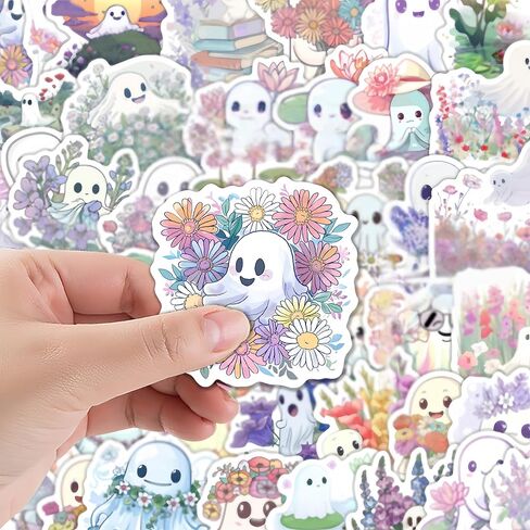 50pcs Cute Ghost Flowers Cartoon Stickers for Water Bottles, Skateboards, Journals, Scrapbooking & Party Supplies, Whimsical Ghosts and Floral Patterns Playful Design | Durable Decals in Saudi Arabia