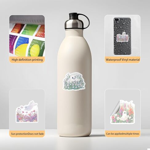 50pcs Cute Ghost Flowers Cartoon Stickers for Water Bottles, Skateboards, Journals, Scrapbooking & Party Supplies, Whimsical Ghosts and Floral Patterns Playful Design | Durable Decals in Saudi Arabia