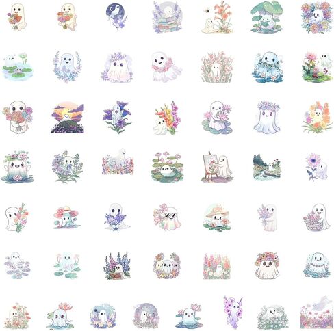 50pcs Cute Ghost Flowers Cartoon Stickers for Water Bottles, Skateboards, Journals, Scrapbooking & Party Supplies, Whimsical Ghosts and Floral Patterns Playful Design | Durable Decals in Saudi Arabia