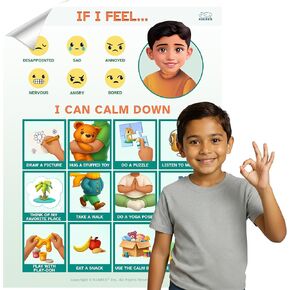 KIARES Calming Corner Poster Classroom,Feelings Chart, Coping Strategies Chart for Kids, 16 Ethnicity Options, Self Adhesive Waterproof 15 x 12,Created by Doctor (Caucasian Boy - Brown) in Saudi Arabia