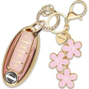 Pink TPU Key Fob Cover with Sakura Flower Keychain Compatible with Nissan Altima Murano Sentra Rogue Pathfinder Armada Leaf Titan Maxima Kicks Versa 370Z 4-Button Smart Key for Women in Saudi Arabia