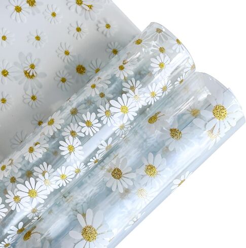 16" x 48" Transparent PVC Jelly Vinyl 20 Gauge Glitter Daisy Flower Waterproof Vinyl Crafts Fabric for DIY Handbags Cosmetic Bag Makeup Bag Making (Daisy-Large) in Kuwait