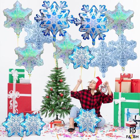 Big Snowflake Balloons for Christmas Decorations - Big 32 Inch, Pack of 12 | Iridescent and Clear Snowflake Balloon, Christmas Balloons, Winter Baby Shower, Birthday Decorations in Saudi Arabia