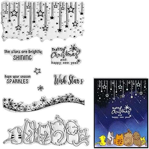 Christmas Stars Cats Clear Stamps for Card Making and Journaling, Happy New Year Firework Rubber Stamps Christmas Blessing Words Stamps for Scrapbooking DIY Cards Album Crafts Supplies in Saudi Arabia