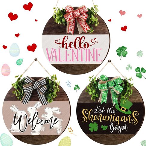 Pickmesh 3 Pcs Valentine's Day Wooden Door Sign Welcome Sign Set Easter Door Wreaths Decor Sign St. Patrick's Day Shamrock Door Hanger Outdoor House Decorations for Front Porch Outdoor(Round Style) in Saudi Arabia