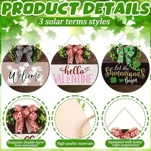 Pickmesh 3 Pcs Valentine's Day Wooden Door Sign Welcome Sign Set Easter Door Wreaths Decor Sign St. Patrick's Day Shamrock Door Hanger Outdoor House Decorations for Front Porch Outdoor(Round Style) in Saudi Arabia