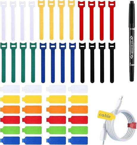 48 Pack Reusable Cable Labels & Cord Organizer Kit – Color-Coded Write-On Wire Labels with Marker + 24 Ties for Home Office Electronics Cord Management in Saudi Arabia