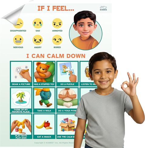 KIARES Calming Corner Poster Classroom,Feelings Chart, Coping Strategies Chart for Kids, 16 Ethnicity Options, Self Adhesive Waterproof 15 x 12,Created by Doctor (Caucasian Boy - Brown) in Saudi Arabia