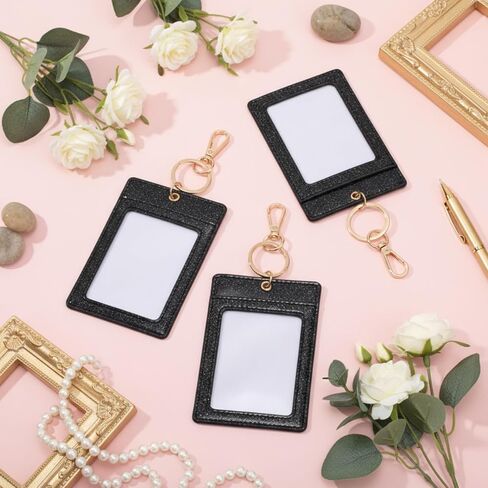 Weewooday 3 Pcs ID Badge Clip Key Chain Glitter ID Badge Holder with Clear Window, Work Badges Reel Clip, PU Leather Keychain Accessory for Nurse, Teacher, Student, Doctor, Women(Multicolored) in Kuwait