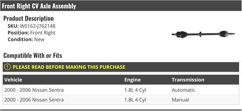 Front Right Passenger Side CV Axle Assembly - Compatible with 2000-2006 Nissan Sentra 1.8L 4-Cylinder in Saudi Arabia