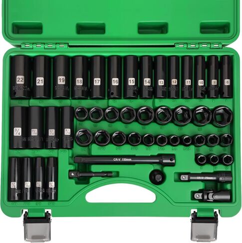 3/8" Drive Impact Socket Set, 50 Piece Standard SAE (5/16 to 3/4 inch) and Metric (8-22mm) 6 Point, Extension Bars, Impact Universal Joint, Adapter, Cr-V Steel in Saudi Arabia