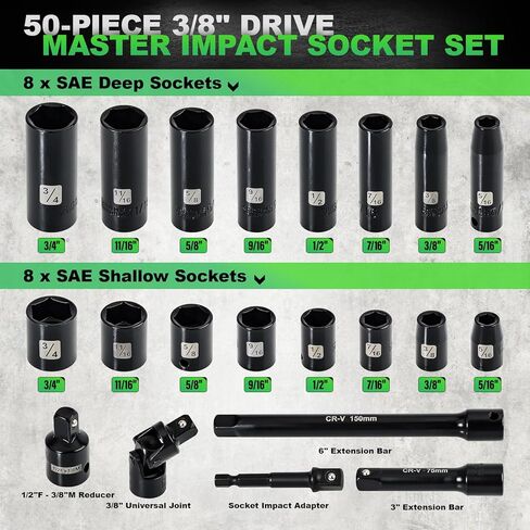 3/8" Drive Impact Socket Set, 50 Piece Standard SAE (5/16 to 3/4 inch) and Metric (8-22mm) 6 Point, Extension Bars, Impact Universal Joint, Adapter, Cr-V Steel in Saudi Arabia
