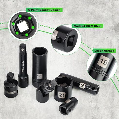 3/8" Drive Impact Socket Set, 50 Piece Standard SAE (5/16 to 3/4 inch) and Metric (8-22mm) 6 Point, Extension Bars, Impact Universal Joint, Adapter, Cr-V Steel in Saudi Arabia