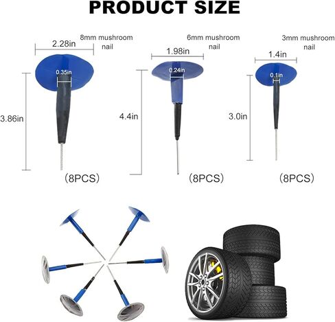 24PCS Tire Patch Plugs, 3mm/6mm/8mm Rubber Mushroom Nails Tire Puncture Repair Patches, Heavy Duty Mushroom Tyre Patch Plug Combination Repair Unit for Cars Trucks Motorcycles in Kuwait