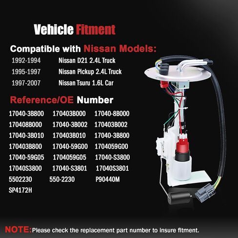 مجموعة مضخة الوقود 17040-8B000 متوافقة مع Nissan Truck Car D21 2.4L 1992 1993 1994، Pickup 2.4L 1995 1996 1997، Tsuru 1.6L 1997-2007، استبدل OE # 170408B000 170403B000، 6 رقم التعريف الشخصي in Saudi Arabia