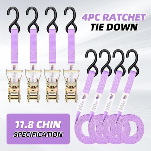 Ratchet Tie Down Straps (4 Pack) - 3,306lb Max Break Strength incl. (4) Heavy Duty Rachet Tie Downs with Hooks & Handles Best for Moving Securing Cargo (Purple, 12 FT) in Saudi Arabia