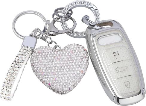 متوافق مع غطاء Audi key fob مع سلسلة مفاتيح Diamond Bling، غطاء حامل مفاتيح لملحقات السيارة لـ A4 A5 Q7 Q5 TT A3 A6 SQ5 R8 S5 للمفتاح الذكي، فضي شفاف in Kuwait