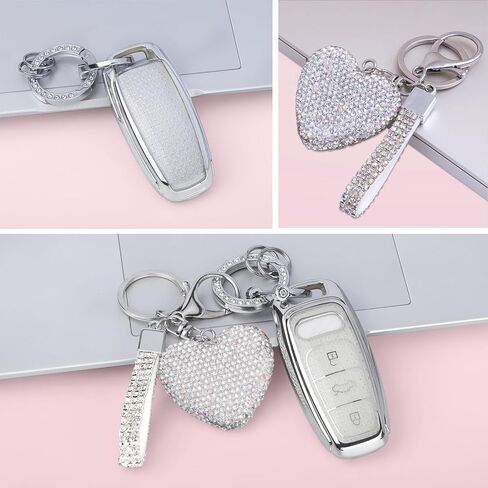 متوافق مع غطاء Audi key fob مع سلسلة مفاتيح Diamond Bling، غطاء حامل مفاتيح لملحقات السيارة لـ A4 A5 Q7 Q5 TT A3 A6 SQ5 R8 S5 للمفتاح الذكي، فضي شفاف in Kuwait