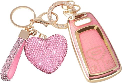 متوافق مع غطاء Audi key fob مع سلسلة مفاتيح Diamond Bling، غطاء حامل مفاتيح لملحقات السيارة لـ A4 A5 Q7 Q5 TT A3 A6 SQ5 R8 S5 للمفتاح الذكي، فضي شفاف in Kuwait