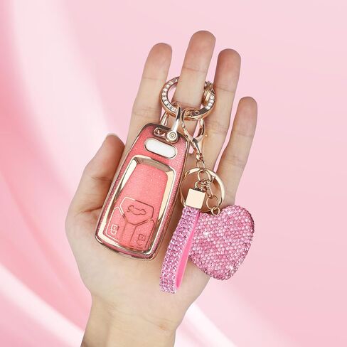 متوافق مع غطاء Audi key fob مع سلسلة مفاتيح Diamond Bling، غطاء حامل مفاتيح لملحقات السيارة لـ A4 A5 Q7 Q5 TT A3 A6 SQ5 R8 S5 للمفتاح الذكي، فضي شفاف in Kuwait