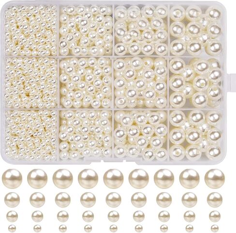 حبات اللؤلؤ لصنع المجوهرات 1320 قطعة حبات اللؤلؤ للأساور 5 مقاسات لآلئ مستديرة لصنع الأساور عدة لقلادة السوار DIY والديكور وحشو المزهرية (بيج) in Kuwait