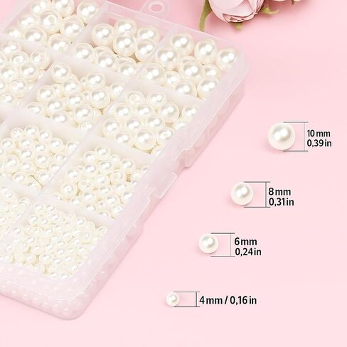 حبات اللؤلؤ لصنع المجوهرات 1320 قطعة حبات اللؤلؤ للأساور 5 مقاسات لآلئ مستديرة لصنع الأساور عدة لقلادة السوار DIY والديكور وحشو المزهرية (بيج) in Kuwait