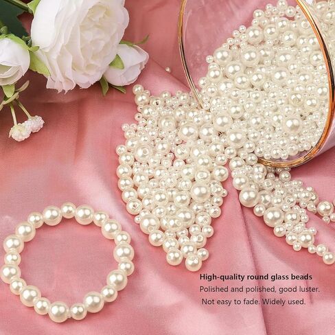 حبات اللؤلؤ لصنع المجوهرات 1320 قطعة حبات اللؤلؤ للأساور 5 مقاسات لآلئ مستديرة لصنع الأساور عدة لقلادة السوار DIY والديكور وحشو المزهرية (بيج) in Kuwait