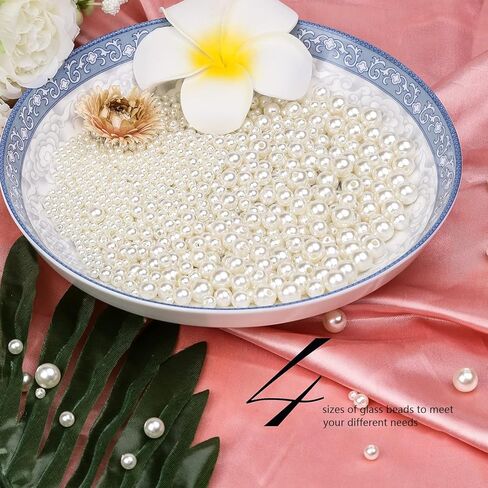 حبات اللؤلؤ لصنع المجوهرات 1320 قطعة حبات اللؤلؤ للأساور 5 مقاسات لآلئ مستديرة لصنع الأساور عدة لقلادة السوار DIY والديكور وحشو المزهرية (بيج) in Kuwait