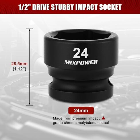 MIXPOWER 1/2" Drive Stubby Impact Socket,CR-MO,30mm,6-Point,Metric,Radius Corner Design, Axle Nut Impact Grade Socket for Easy Removal in Saudi Arabia