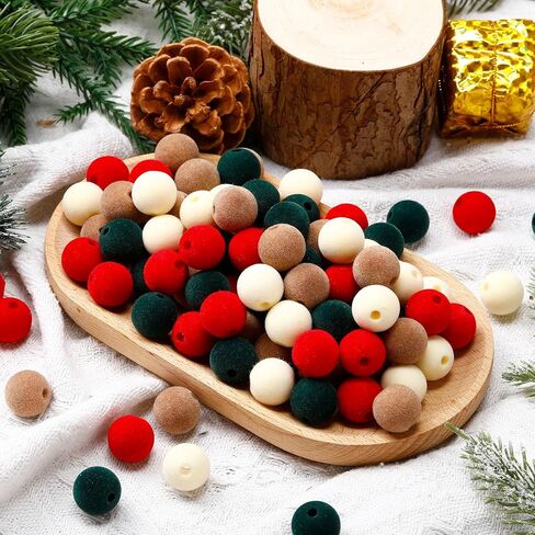XunYee 100 قطعة من الخرز المخملي لعيد الميلاد باللون الأحمر والأخضر للحرف اليدوية من الأكريليك 16 مم وخرز متدفق وفاصل من القماش لشجرة عيد الميلاد زخرفة مخملية لصناعة المجوهرات بنفسك وديكور شجرة صينية متدرجة in Saudi Arabia