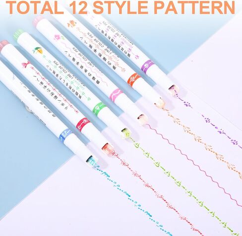 12 Pcs Magic Border Pens for Paper with 12 Different Curve Shapes, Magicborder Pen, Decorative Pens Stamp Markers for Curve Highlighter Roller-Tip Design Effortless Decorative Lines in Saudi Arabia