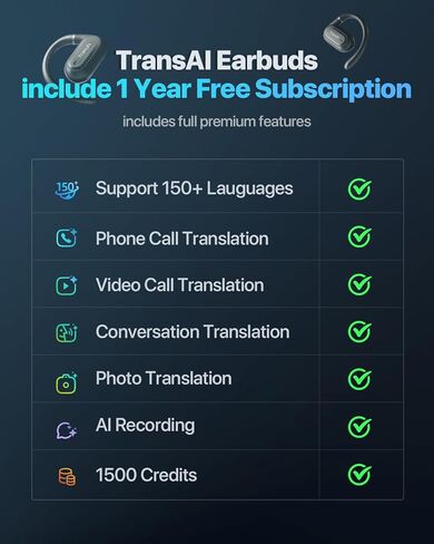 سماعات أذن للترجمة في الوقت الحقيقي من GO1، سماعات أذن لمترجم المكالمات الهاتفية مع خطاف أذن قابل للتعديل مفتوح الأذن 3 في 1 مترجم AI يدعم التعلم أثناء السفر بما في ذلك الاشتراك in Kuwait