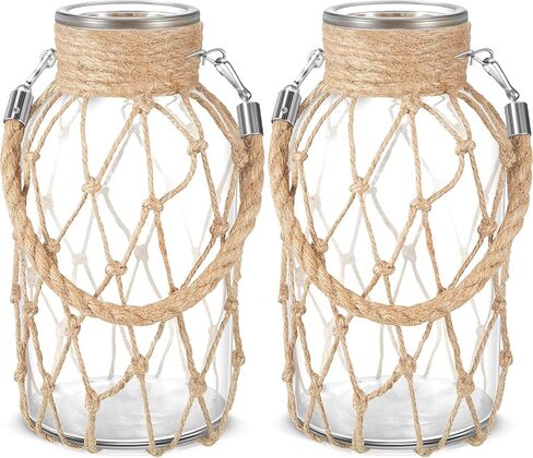 Set of 4 Rope Net Dry Flower Glass Vase 7.9 x 4 Inches Wicker Farmhouse Vase Coastal Decor for Home Rustic Hanging Mason Jar Rope Wrapping Decorative Bottles Nautical Coastal Farmhouse Vase in Saudi Arabia