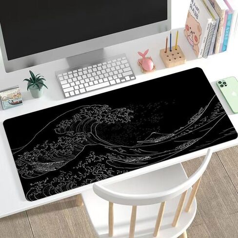 Large Mouse Pad with Sea Wave, Non-Slip Rubber Base for Smooth Mouse Control, Spacious Desk Mat for Keyboard and Mouse, Home Office Workstation Use, 11.81x23.62 Inches, Black in Saudi Arabia
