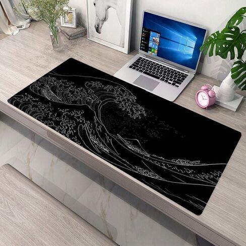 Large Mouse Pad with Sea Wave, Non-Slip Rubber Base for Smooth Mouse Control, Spacious Desk Mat for Keyboard and Mouse, Home Office Workstation Use, 11.81x23.62 Inches, Black in Saudi Arabia
