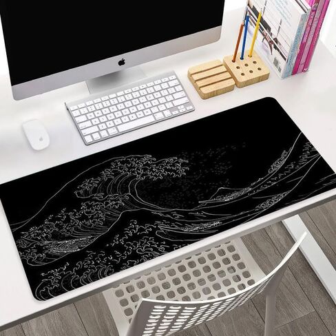 Large Mouse Pad with Sea Wave, Non-Slip Rubber Base for Smooth Mouse Control, Spacious Desk Mat for Keyboard and Mouse, Home Office Workstation Use, 11.81x23.62 Inches, Black in Saudi Arabia
