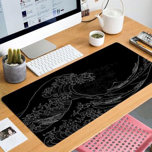 Large Mouse Pad with Sea Wave, Non-Slip Rubber Base for Smooth Mouse Control, Spacious Desk Mat for Keyboard and Mouse, Home Office Workstation Use, 11.81x23.62 Inches, Black in Saudi Arabia