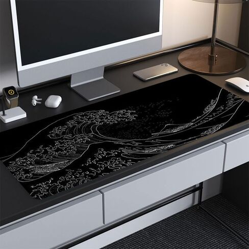 Large Mouse Pad with Sea Wave, Non-Slip Rubber Base for Smooth Mouse Control, Spacious Desk Mat for Keyboard and Mouse, Home Office Workstation Use, 11.81x23.62 Inches, Black in Saudi Arabia