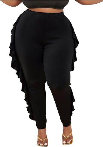 WDIRARA Women's Plus Size Ruffle Camo Print Pants Elastic High Waisted Leggings Skinny Pants in Saudi Arabia