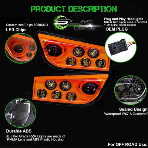 SLK-Lights (LIME) RZR LED Headlight compatible with Polaris General, Polaris RZR 900s, Polaris razor 1000 XP Turbo (Fits: 2015-2021) (NON Halo Lime) in Saudi Arabia