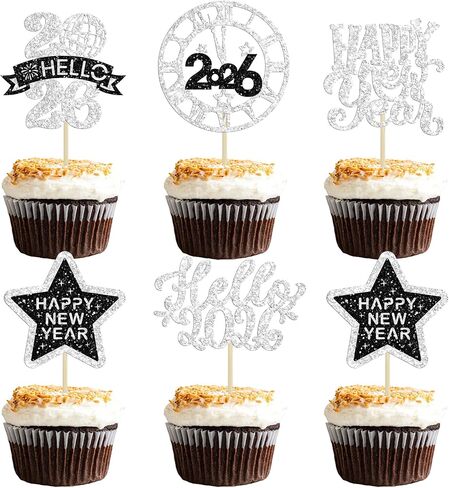Gyufise 30Pcs Happy New Year 2026 Cupcake Toppers Hello 2026 Cupcake Picks Cheers to 2026 Midnight Clock Fireworks Hello 2026 Cake Decorations for 2026 Happy New Year Eve Party Supplies Black in Saudi Arabia