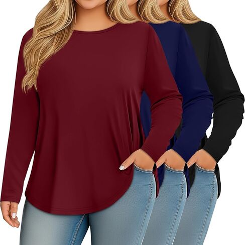 Ficerd 3 Pack Womens Plus Size Long Sleeve Tops Crew Neck Loose Fit T Shirt Stretchy Casual Winter Tops Basic Tees Shirts in Kuwait