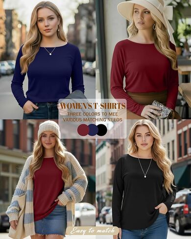 Ficerd 3 Pack Womens Plus Size Long Sleeve Tops Crew Neck Loose Fit T Shirt Stretchy Casual Winter Tops Basic Tees Shirts in Kuwait