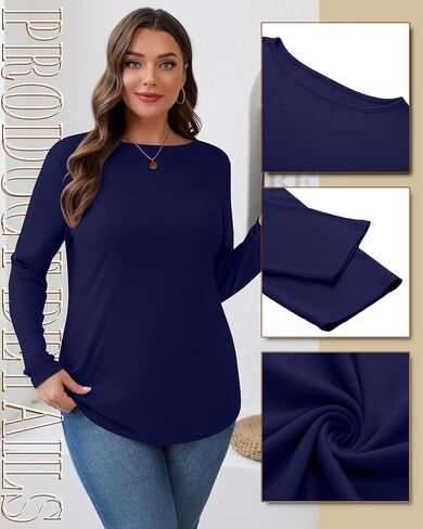 Ficerd 3 Pack Womens Plus Size Long Sleeve Tops Crew Neck Loose Fit T Shirt Stretchy Casual Winter Tops Basic Tees Shirts in Kuwait