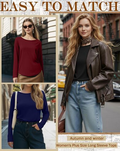 Ficerd 3 Pack Womens Plus Size Long Sleeve Tops Crew Neck Loose Fit T Shirt Stretchy Casual Winter Tops Basic Tees Shirts in Kuwait