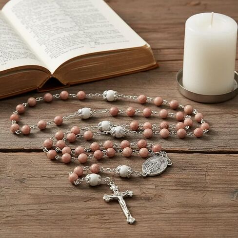 Nazareth Store Pink Aventurine Blue Lapis Lazuli Rosary Necklace White Howlite Stone Mystery Beads Miraculous Medal Holy Mary Metal Box in Kuwait