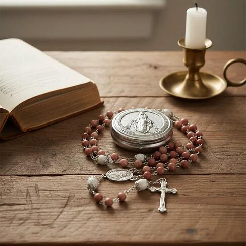 Nazareth Store Pink Aventurine Blue Lapis Lazuli Rosary Necklace White Howlite Stone Mystery Beads Miraculous Medal Holy Mary Metal Box in Kuwait