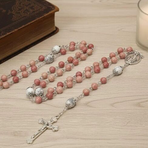 Nazareth Store Pink Aventurine Blue Lapis Lazuli Rosary Necklace White Howlite Stone Mystery Beads Miraculous Medal Holy Mary Metal Box in Kuwait