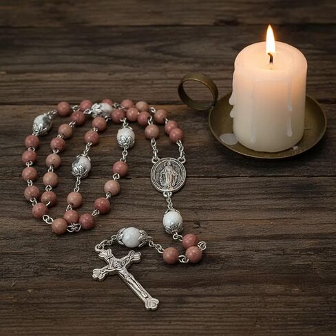 Nazareth Store Pink Aventurine Blue Lapis Lazuli Rosary Necklace White Howlite Stone Mystery Beads Miraculous Medal Holy Mary Metal Box in Kuwait